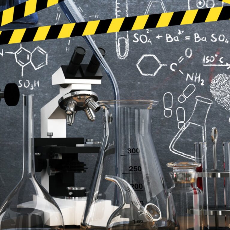 Ein Mikroskop vor einer Tafel mit chemischen Formeln, Fußabdrücken und einer Umrisszeichnung einer Person.