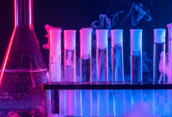 Mord im Labor, interaktives Krimi Spiel. Das Bild zeigt bunt beleuchtete Reagenzgläser und Erlenmeyerkolben. KI generiertes Bild