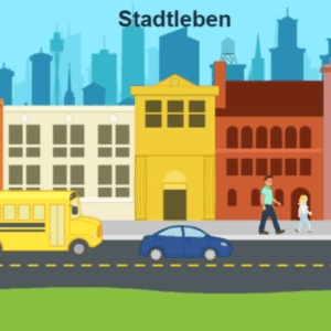 Städtische Szene mit gelbem Schulbus, blauem Auto, drei mehrstöckigen Gebäuden und zwei Fußgängern auf dem Bürgersteig unter dem Schriftzug 'Stadtleben'.