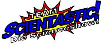 Buntes Logo mit dem Text 'TEAM SCIENTASTIC! Die Scienceshow!' in Comic-Schrift vor rotem Sternhintergrund.